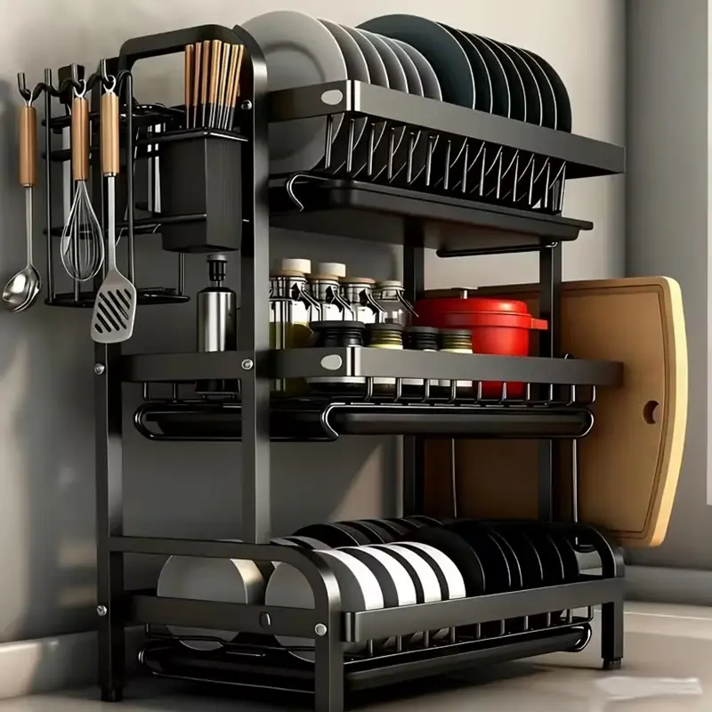 3 Tier Kitchen Counter Organizer, Large Dish Drying Rack with Drain Tray, Space Saving Kitchen Storage Rack for Plates Bowls Cups Utensils and Cutting Boards