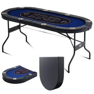 summervibes VEVOR 8 Player Foldable Poker Table, Blackjack Texas Holdem Poker Table with Padded Rails and Stainless Steel Cup Holders, Portable Folding Card Board Game Table, 72 Oval Casino Leisure Table, Blue