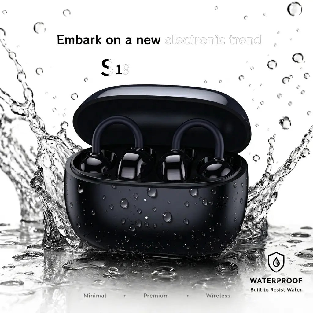 S19 Bluetooth earphones, Open-Ear Clip-On Earbuds 12mm Speakers C-bridge design - 21+ Hours Playtime IP55 Splashproof Lightweight Bluetooth 5.3 - left and right automatic recognition, HiFi stereo, touch, IPX5 waterproof, Father's Day gift.