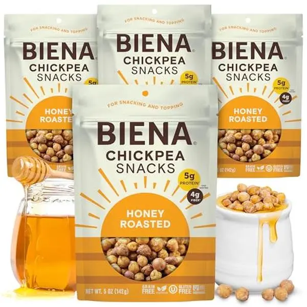 BIENA Chickpea Snacks - Crunchy Roasted Chickpeas - High Fiber Protein Snacks for Adults and Kids - 4-Pack, 5 Ounce Bags - Honey Roasted