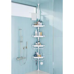 32-122inch Corner Shower Tension Pole All White, Rustproof-Free Shower Shelves for Washbasin, Shower Organizer with 4 Tier Patent Shelves & Bars