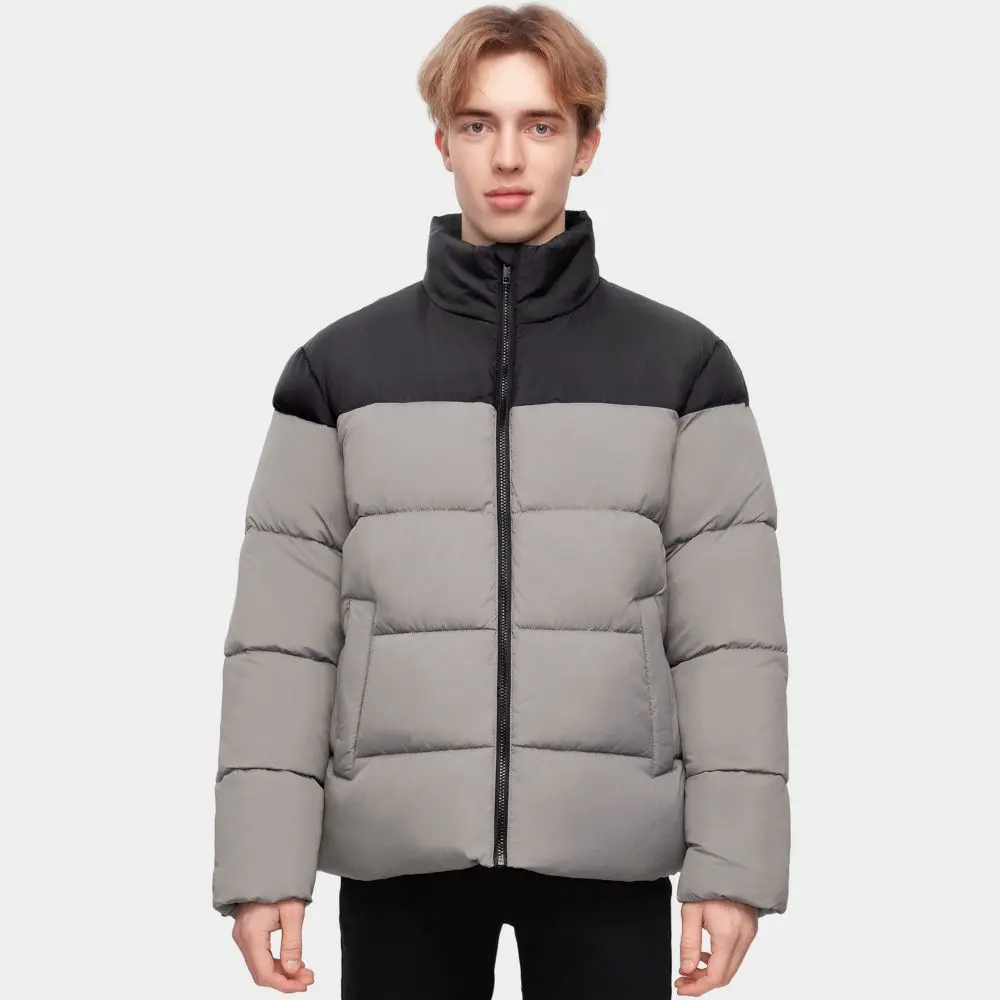 Rokka&Rolla Men's Solid Puffer Coat Stand Up Collar Jacket-Grey size Large, Fabric, Garment