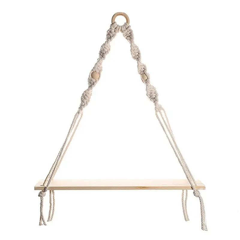 Macrame Wall Hanging Shelf - Boho Wood Wall Shelves with Wood Beads, Farmhouse Floating Shelf Rustic Hanging Plant Shelf