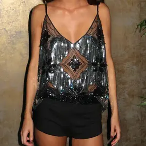 Women's Sequin Bead Cropped Camisole Spaghetti Strap V-NeckFit Tank Tops Streetwear Summer Clothes SleeveGift