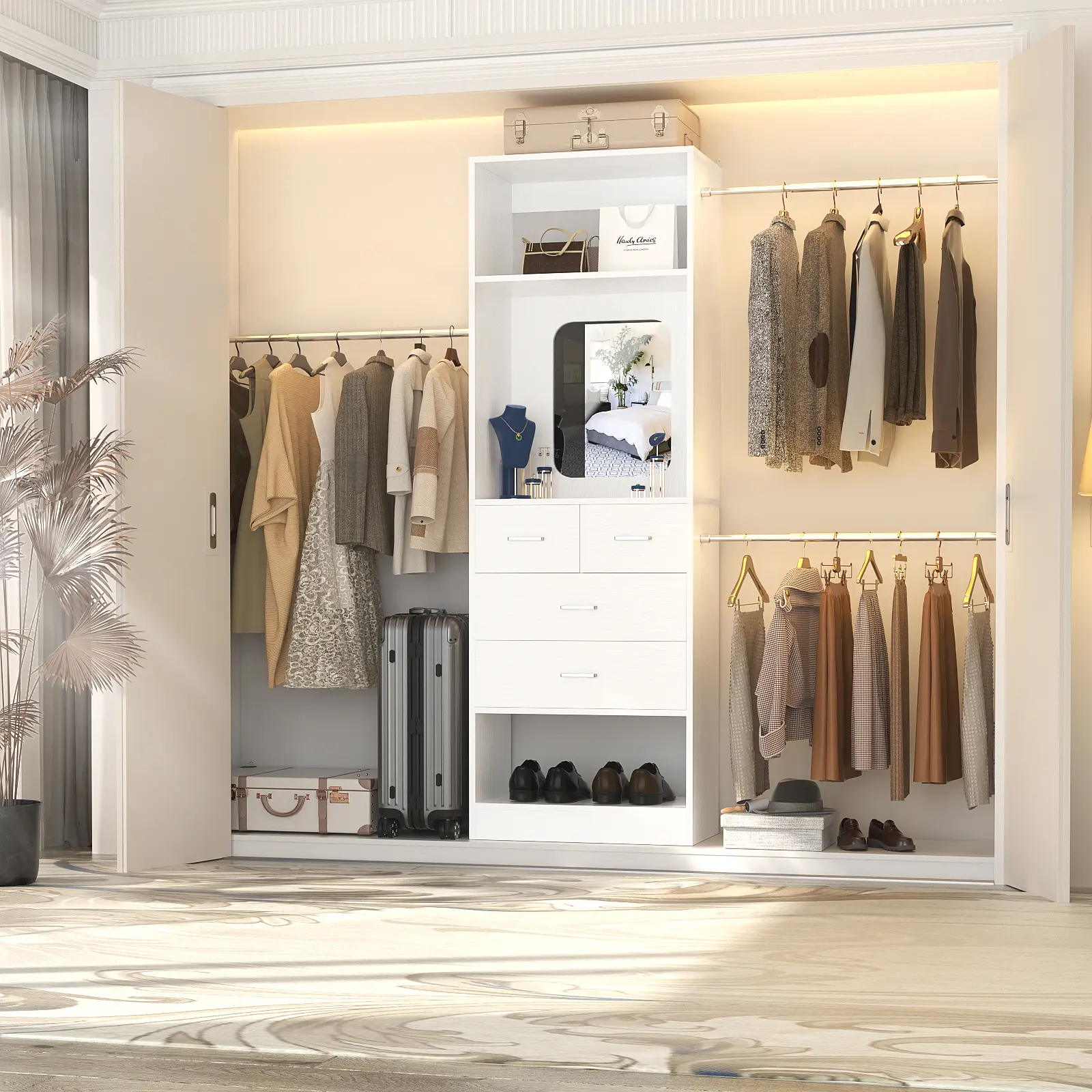 48" W - 96” W Closet Organizer, 8FT Walk in Closet Systems Starter Kit with 25” Tower and 3 Extendable Hanging Rods, Sturdy Wood Garment Rack with 4 Drawers and Mirror, Max Load 1000 LBS