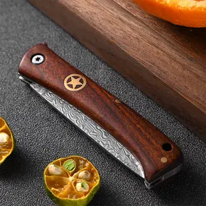 Damascus steel folding knife, with wooden handle, easy to carry, sharp and durable. It is a multi-functional small knife suitable for both outdoor and household use.
