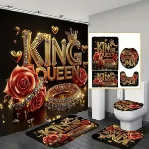Valentine's Day King and Queen Ring Pattern Shower Curtain Set, Non-Slip Mat, U-Shaped Rug, Toilet Seat Cover, Perfect for Bathroom Decor, Beautifies the Space, Includes 12 Shower Curtain Hooks