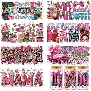Mama UVDTF Cup Wrap - 7 Sheets Mom UV DTF Wraps for 16 oz, Leopard Print UV DTF Stickers for Water Botters Glass Cups, Pink Coffee Bow Rub on Transfer Decals for Women