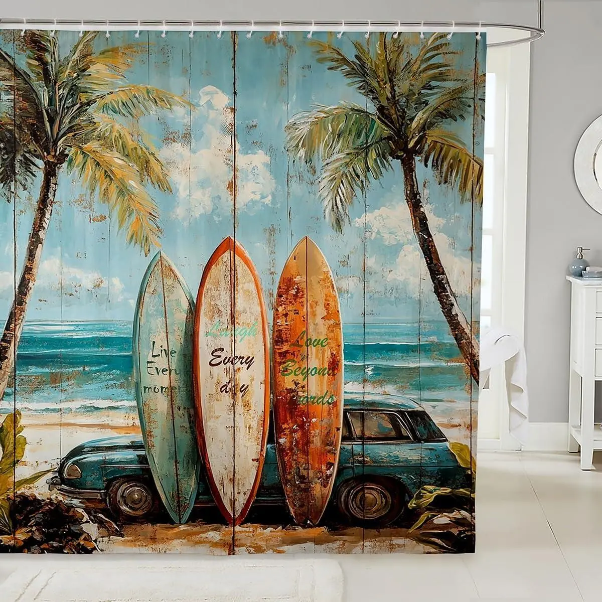 Retro Surfboard Shower Curtain Bathroom Decor Beach Palm Tree Bath Curtain Surfing Bathroom Accessories Coastal Car Waterproof Fabric,12 Hooks Suits