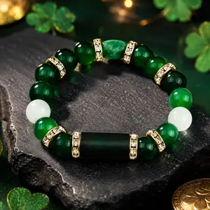 Irish Luck St. Patrick's Day Bracelet | Green Agate Lucky Clover Beaded Bracelet with Rhinestones | Luck Bracelet - Attract Wealth, Abundance and Perfect Good Luck Gift for 2026!