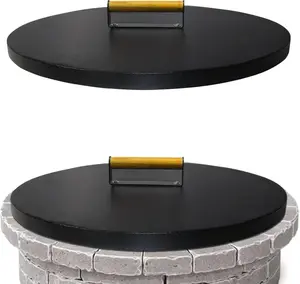 30” Round Fire Pit Lid – Powder Coated fire pit cover round metal for Outdoor Fireplace -16 Gauge Steel Flat Fire Pit Burner Pan Cover with Wooden Handle Snuffer Lid for Round Patio Fire Pit Ring