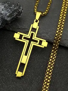 Cross Pendant Stainless Steel Male Necklace for Man Women Gold Color Men's Chain Necklaces Cuban Cross Necklace cadenas para hombre Coptic Cross Necklace