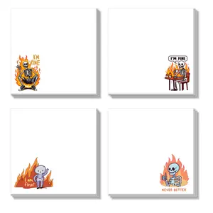 Funny Skull on Fire Pattern Office Sticky Note (4 Counts), 3x3 Inch 50 Sheets Funny Office Note Pad, Adhesive Sticky Note for School Office Home Supplies