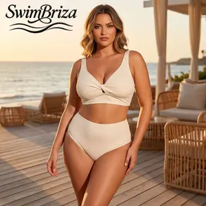 Briza｜Women's Plus Size Ribbed Twist Front Cream High Waisted Bikini Set Two Piece Swimsuit Tummy Control Bathing Suit Vacation Beachwear Summer Swimwear, Women's Swimwear, Bathing Suit for Women, Two Piece Bathing Suit, Beach Pool Summer Vacation
