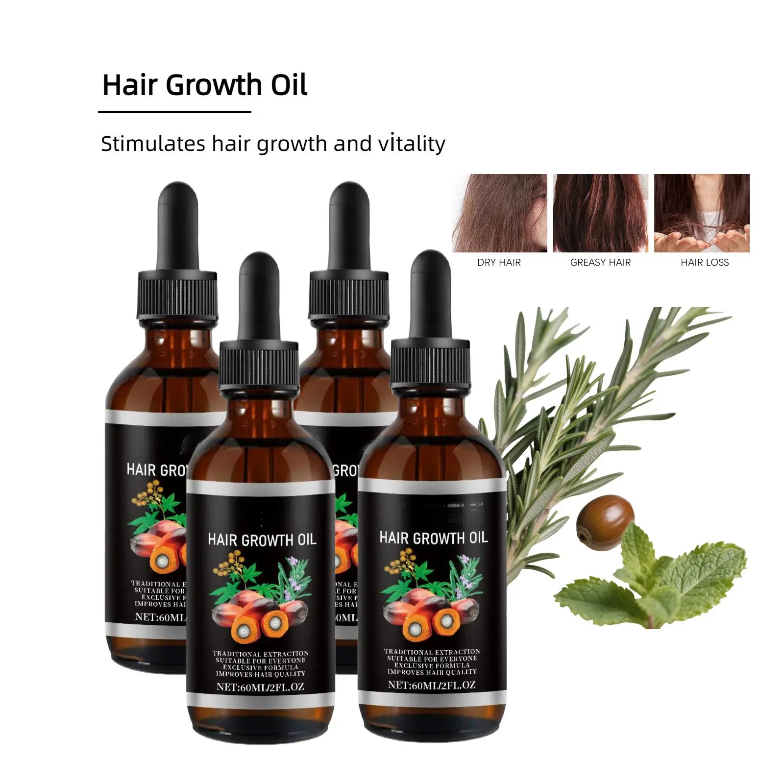 Hair Growth Serum with Rosemary and Castor Oil for Voluminous, Bouncy Hair and Curly Locks, Plant Based Daily Repair Formula for Adults - 60ml, Aqua, Wavy
