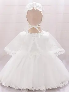 Baby Girl's Contrast Lace Floral Bow Decor Dress with Tie Front Hat & Faux Pearl Decor Sheer Cape Set, Toddler Outfit, Cute Sleeveless Zipper Back A Line Dress for Party, Infant Toddler Kids Clothes for All Seasons