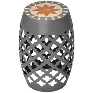 12" Patio Round Side Table – Outdoor Footstool, Garden Mosaic Accent Side Table. Ceramic Tile Top. Powder-Coated Steel Frame. 175 lbs Capacity. Gray