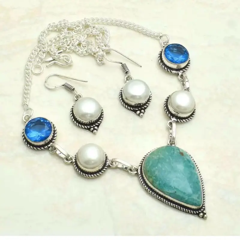Amazonite Pearl Gemstone Set Necklace & Earrings On 925 Sterling  Silver