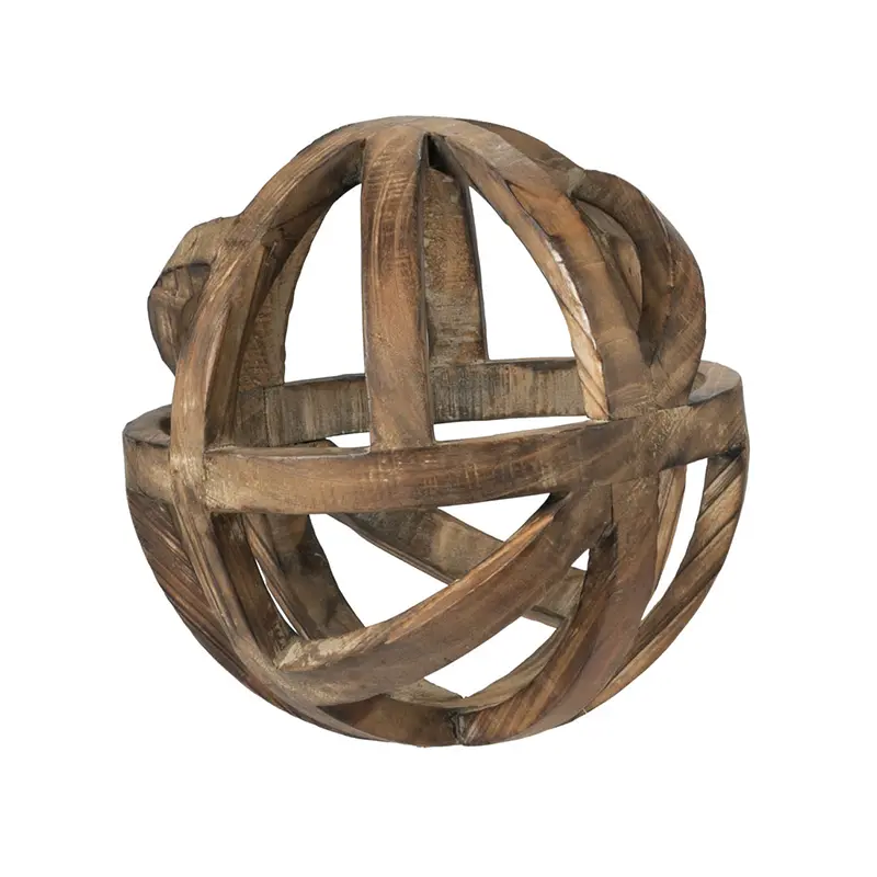 D9.8" Decorative Orbs Natural Wood Ball with Dark Wood Finished Home Decor Spheres Accent Balls