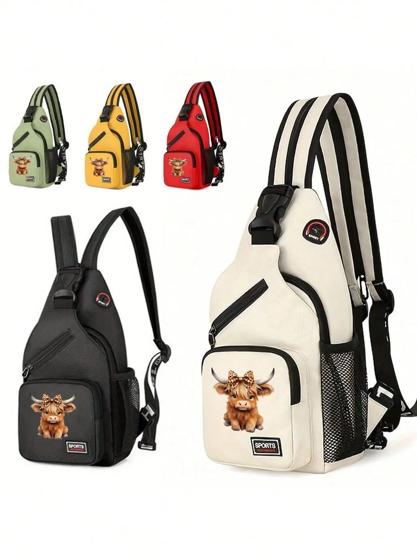 Highland Cow Printed Sling Bag - Multi-Color Casual Crossbody Chest Bag, Casual Shoulder Bag, Casual Nylon Crossbody Bag, Lightweight Water-Resistant Daypack With Multiple Pockets, Casual Fashion Bag, Fashion Patterned Bag