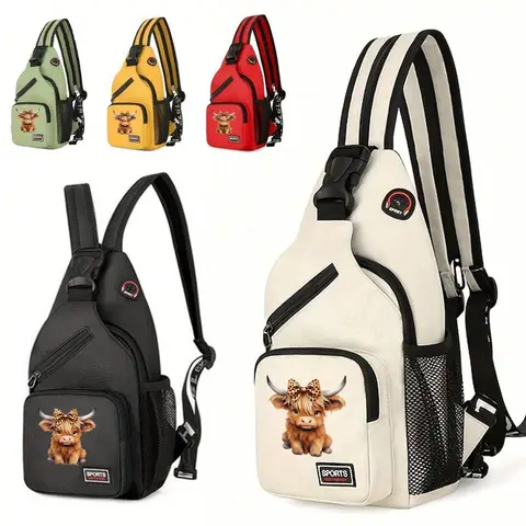 Highland Cow Printed Sling Bag - Multi-Color Casual Crossbody Chest Bag, Casual Shoulder Bag, Casual Nylon Crossbody Bag, Lightweight Water-Resistant Daypack With Multiple Pockets, Casual Fashion Bag, Fashion Patterned Bag