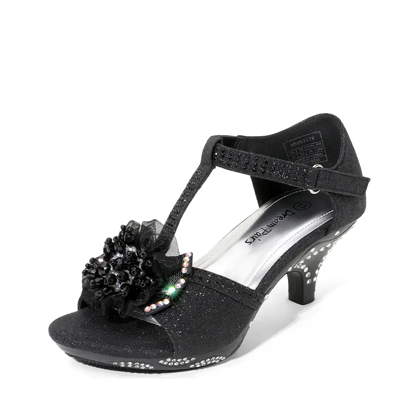 DREAM PAIRS Girls' Embellished Floral Design Low-Heel Sandals - Glitter Rubber Sole Flower Sandal Heels, Kids' Footwear for 5-6 Years Old, Floral Design Sandals
