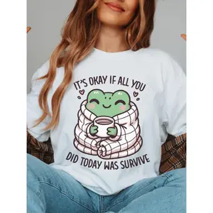 Casual Round Neck Streetwear T-Shirt, Cute Frog Graphic Top with "It's Okay If All You Did Today Was Survive" Slogan for Sports & Outdoor Activities