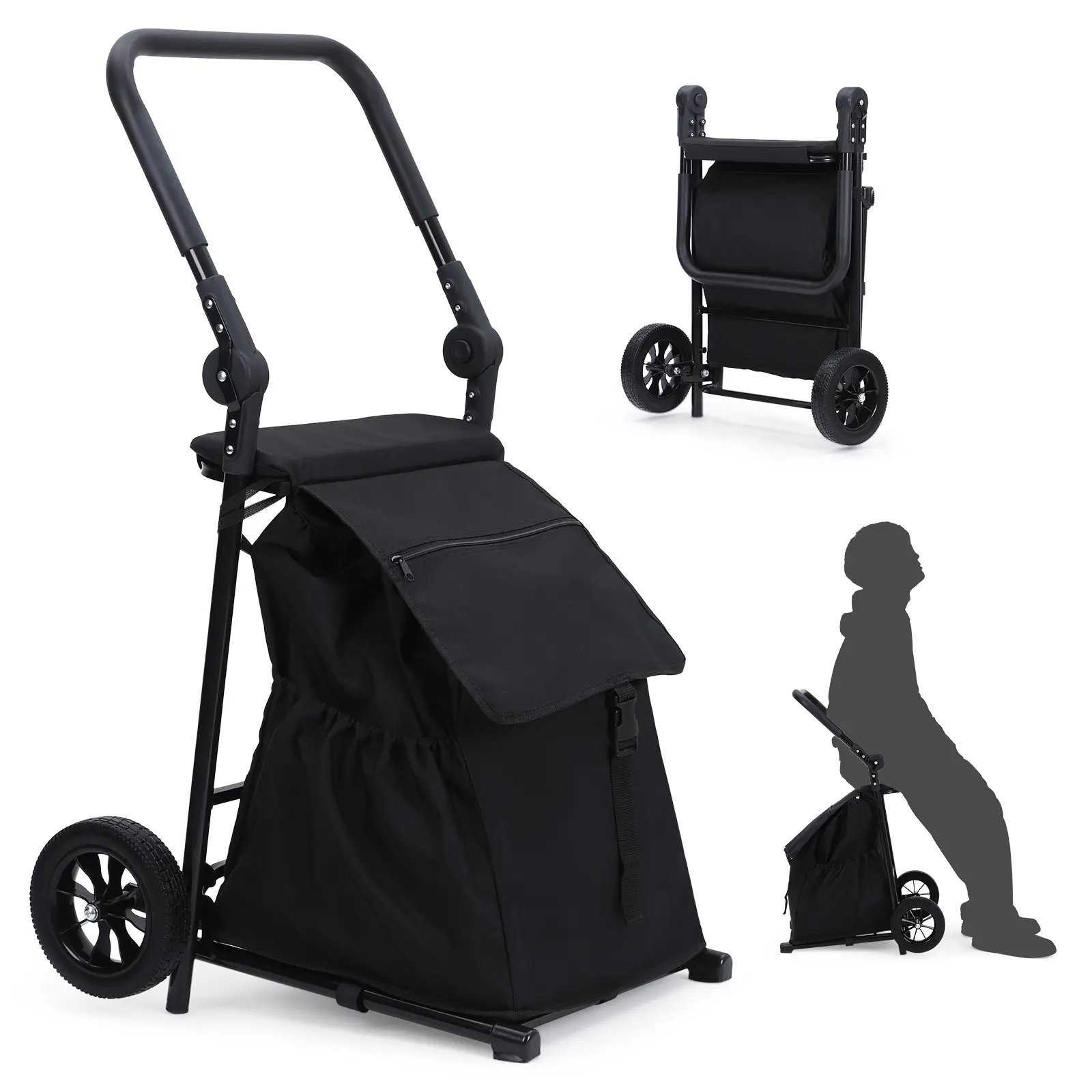 2-in-1 Collapsible Grocery Utility Cart, 32.5 Gallon Removable Waterproof Bag, Heavy Duty Rolling Hand Truck with cushioned seat and adjustable non-slip handle, foldable trolley ideal for seniors, laundry, market shopping and travel