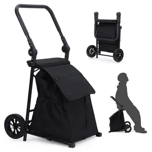 2-in-1 Collapsible Grocery Utility Cart, 32.5 Gallon Removable Waterproof Bag, Heavy Duty Rolling Hand Truck with cushioned seat and adjustable non-slip handle, foldable trolley ideal for seniors, laundry, market shopping and travel
