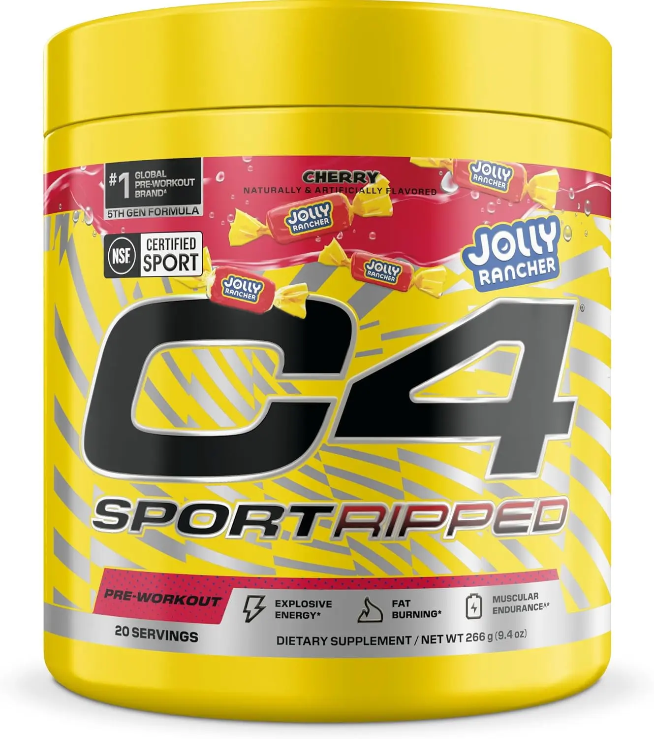 C4 Sport Ripped Pre Workout Powder - Jolly Rancher Cherry - NSF Certified for Sport - Elite Hydration - 200mg Caffeine + Creatine + Beta-Alanine - Electrolytes and Energy - 20 Servings