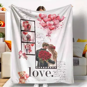 Romantic Love Flannel Blanket with Heart Balloon and Rose Print Soft Cozy Warm for Bedroom Sofa Anniversary Wedding Valentine Gift tiktokshopspringglowup