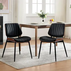 Garvee Set of 2 Modern Dining Chairs Upholstered in Synthetic Leather with Walnut Wood Back and Adjustable Metal Legs for Kitchen and Dining Room