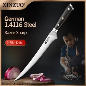 XINZUO Yu Series 9-Inch Fillet Knife, Stainless Steel Knives, Germany 1.4116 Steel, Natural Ebony Wood Handle, 15° Edge, 56-58 HRC, Polished High-End Look, 6.0-8.0N Force, Beautiful Gift Box