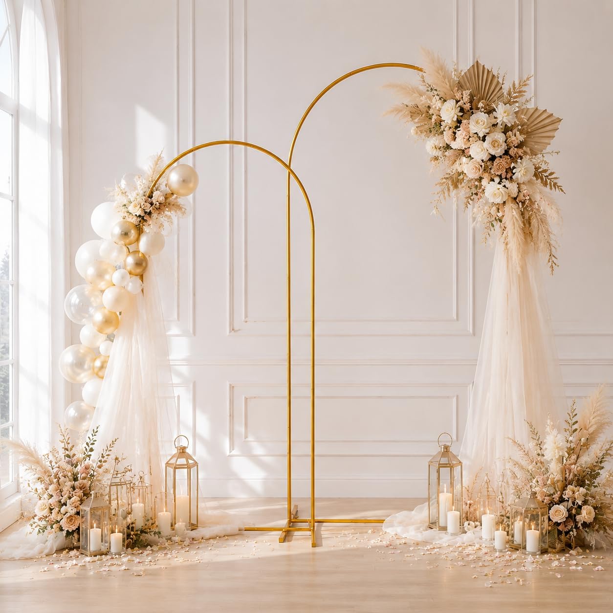Gold Metal Lightweight Golden Arch Backdrop Stand Set - Glueless Floral Flower & Balloon Frame Arbor, 7.2/6.6/6FT for Wedding Bridal Shower Decorations, Picture Backdrop Photoshoots, Three Gold Metal Lightweight Golden Arch Backdrop Stand Set - Glueless Floral Flower & Balloon Frame Arbor, 7.2/6.6/6FT for Wedding Bridal Shower Decorations, Picture Backdrop Photoshoots, Three
