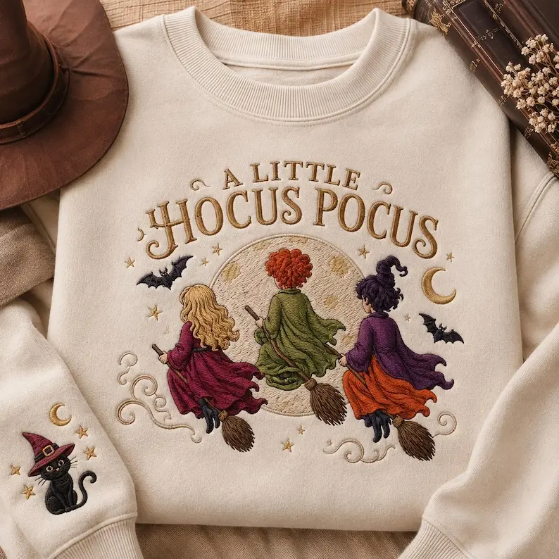 Hocus Pocus Embroidered Sweatshirt, Three Witches Halloween Crewneck, Vintage Witchy Moon Sweater, Spooky Season Embroidery