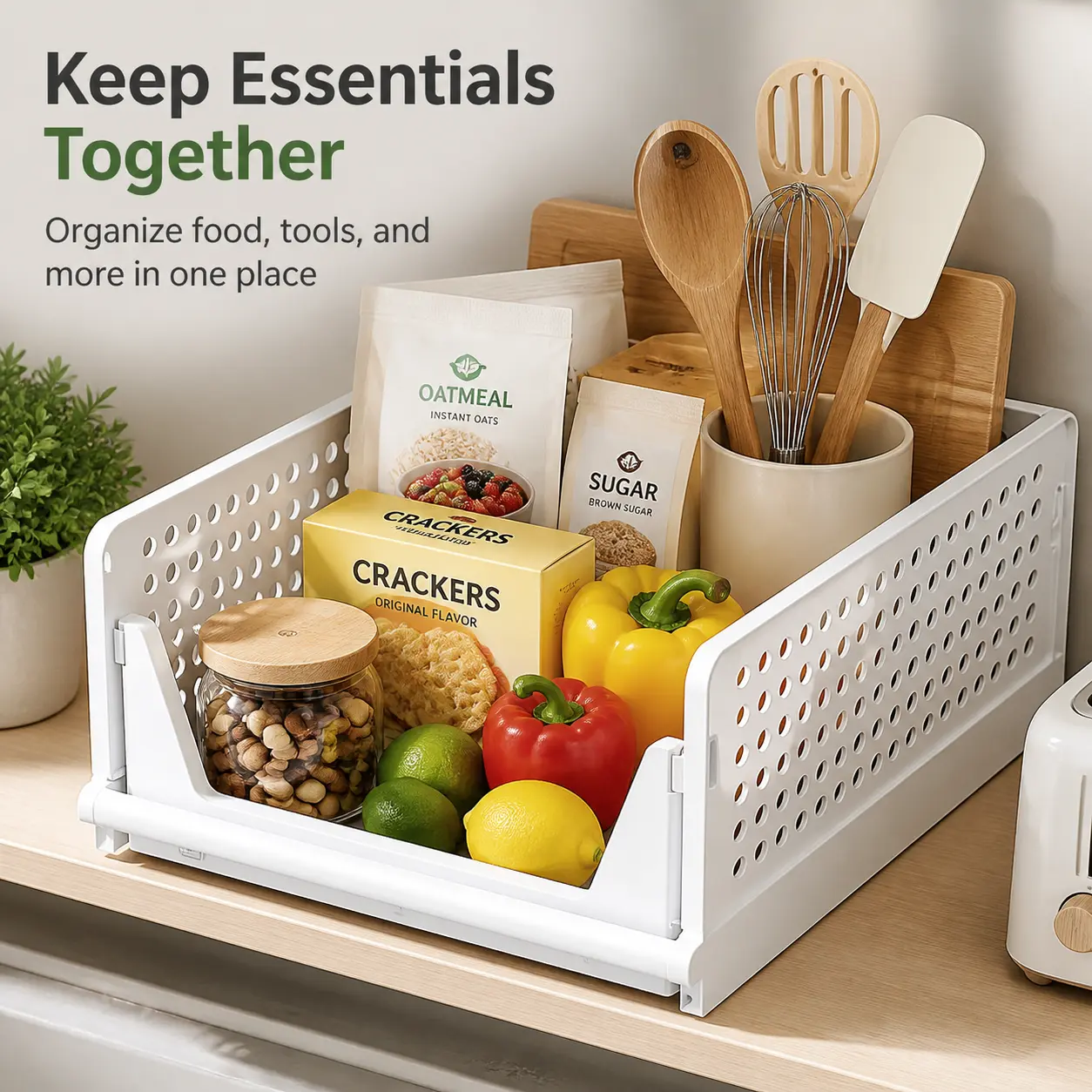 CENLEN 4-Piece Compact Rectangular Plastic Storage Basket Boxed Set, Stackable Multifunctional Foldable Home Organizer, Space-Saving Closet Drawer & Under-Bed Storage Solution for Bathroom, Kitchen Use
