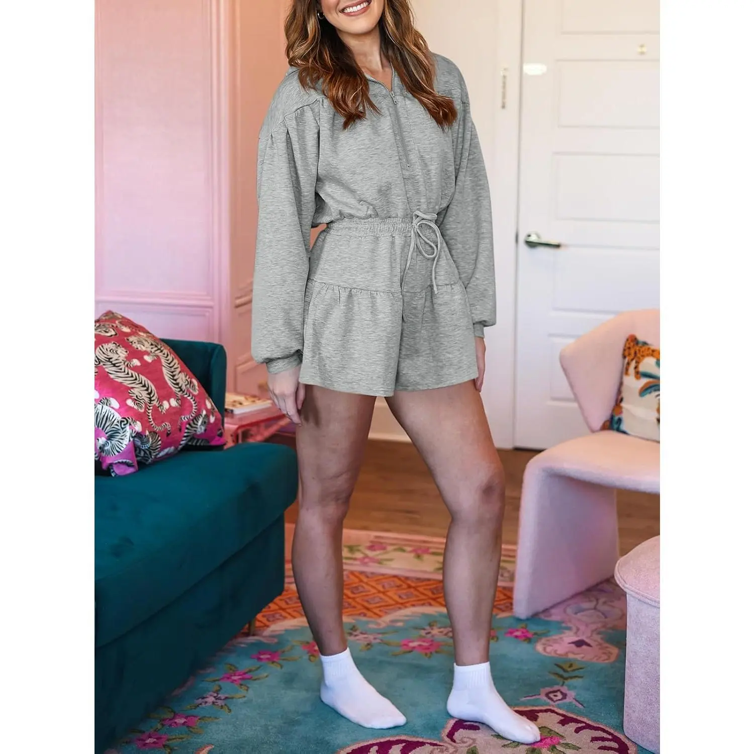 PASLTER Womens Rompers Casual One Piece Outfits Half Zip Long