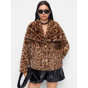 Cider Faux Fur Leopard Print Collar Metal Button Jacket