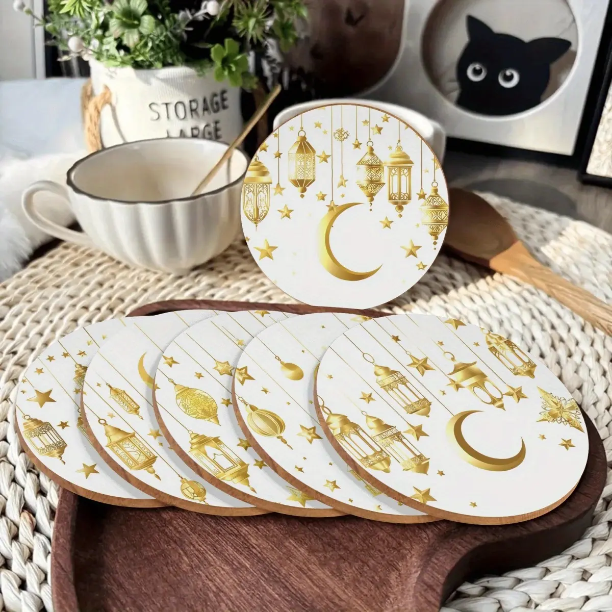 Elegant Ramadan Themed Coasters, Islamic Art Print Cup Pads, Protect Tables from Scratches & Stains, Ideal for Tea Time & Eid Celebrations, Stylish Home Essentials,RamadanTableDecor,RamadanGifts