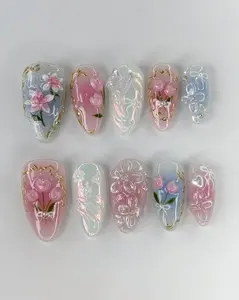Romantic Tulip Press On Nails, Flower Pink Pastel Press Ons, Fairy Tale Inspired Fake Nails, Pastel Floral Aesthetic Press On Nails