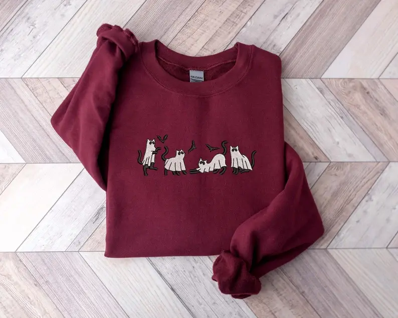 Embroidered Ghost Cat Sweatshirt, Embroidered Halloween Sweatshirt, Halloween Ghost Cat Sweatshirt, Funny Halloween Shirt, Halloween Crewneck