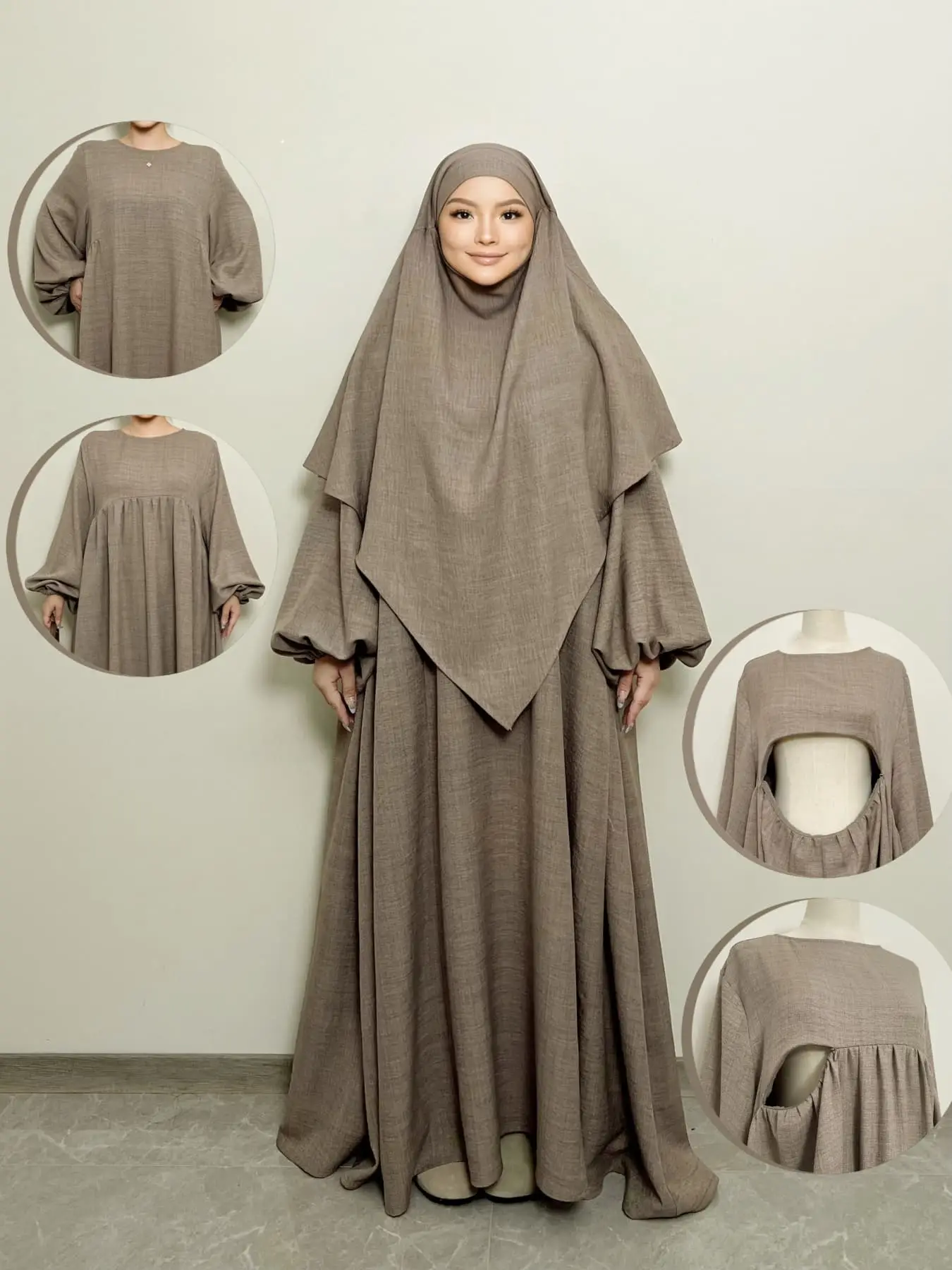 Women's Solid Color Flounce Sleeve Abaya with Khimar, Casual Long Sleeve Round Neck Maxi Muslim Dress, Ladies Islamic Clothing for All Seasons