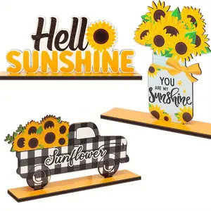 Sunflower Design Wooden Desktop Decoration, 3 Counts/set Farmhouse Tiered Tray Decoration, Summer Decoration for Home Kitchen Party, Ornaments