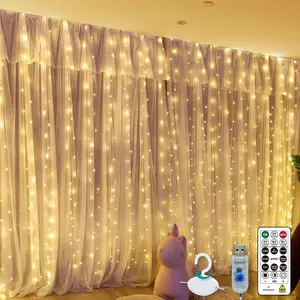 Warm White 300LED 9.8ft x 9.8ft Window Fairy Curtain String Light with 16 Hooks 8 Modes Remote Control for Bedroom Wedding Party Home Garden Indoor Decorations