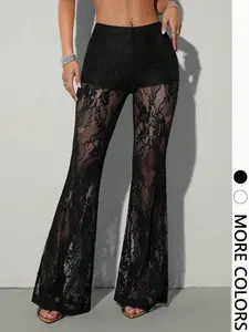 1pc Women's Lace Flare Leg Pants, Tight Bodycon Sexy Slim Fit Bottoms