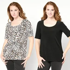 Nina Leonard 2-pack Stretch Knit Elbow-Sleeve Scoop Neck Tops