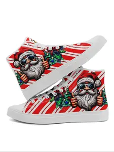 Men's Fashionable Cartoon Santa Claus & Letter Pattern Lace Up High Top Canvas Sneakers, Casual Comfortable Sports Shoes, Male All-match Round Toe Shoes for Daily Wear