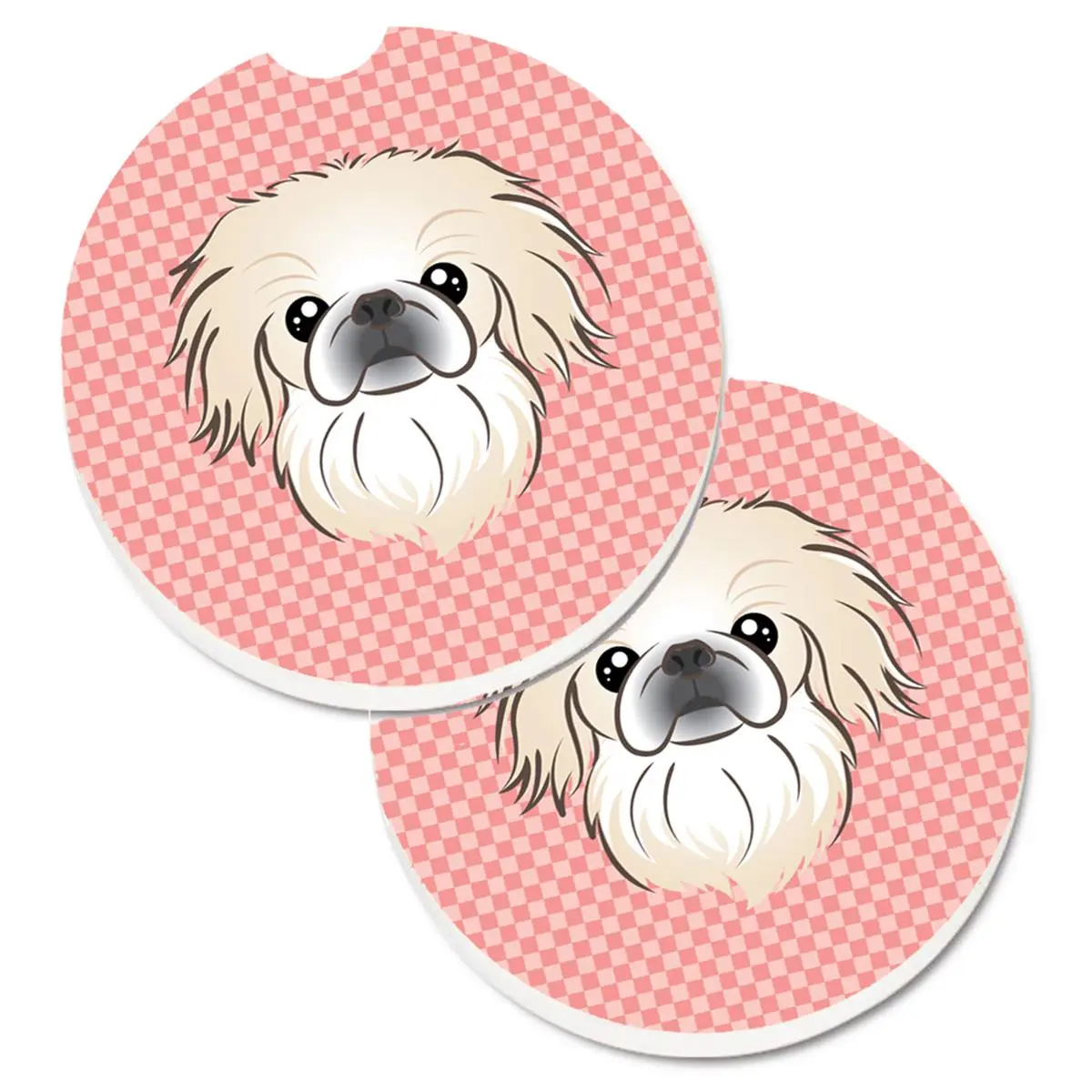 Checkerboard Pink Pekingese Car Coaster Set of 2, Colorful Water Absorbent Sandstone Car Interior Decor, Cut-Out Slot for Easy Removal, Prevents Water Messes, 2.5" H X 0.25" W X 2.5" L, Checkered
