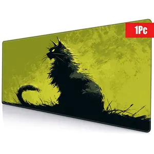 Stylized Black Silhouette Long-Haired Cat with Spiky Fur Gaming Mouse Pad, Glowing Yellow Eye, Curved Tail, Textured Muted Green Background, 15.7x35.4inch, Non-Slip Base, Ideal for Office & Gaming, Dark Fantasy Art Mousepad