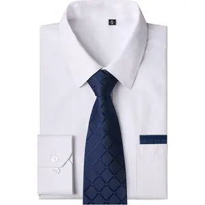 Men's Solid Long Sleeve Dress Shirt with Matching Tie and Handkerchief Set Classic Button Down Formal Business Shirts